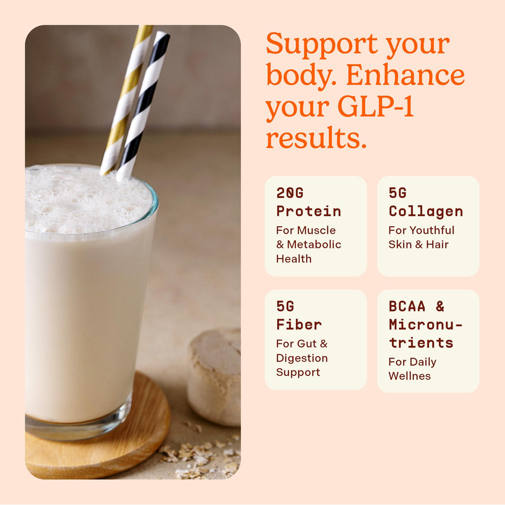 Rock The Shot GLP-1 Vanilla ingredients panel highlights micronutrients for energy.