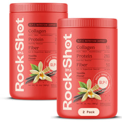 ROCK THE SHOT GLP-1 Vanilla tub highlighting protein-rich daily nutrition.