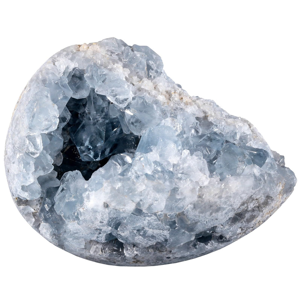 Rockcloud blue celestite cluster side view, calming decor centerpiece