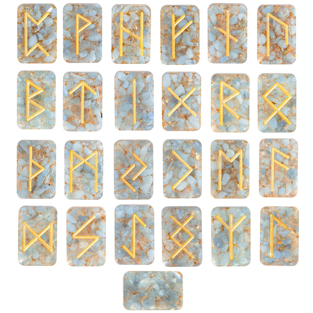 Rockcloud resin aquamarine rune stones set, ideal for meditation and divination
