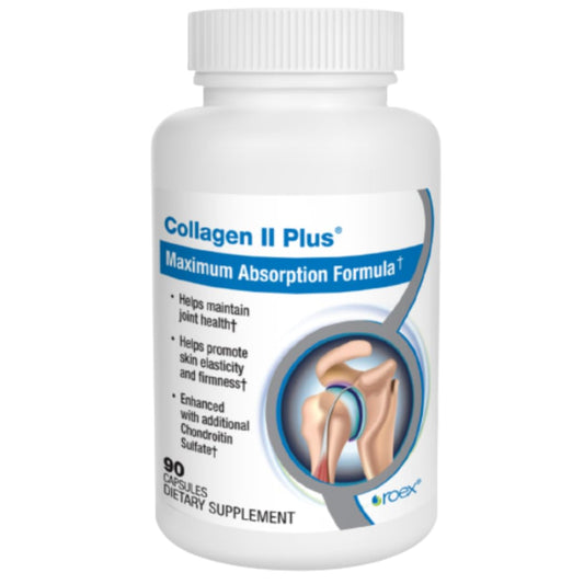 Roex Collagen II Plus bottle close-up for joint support benefits.