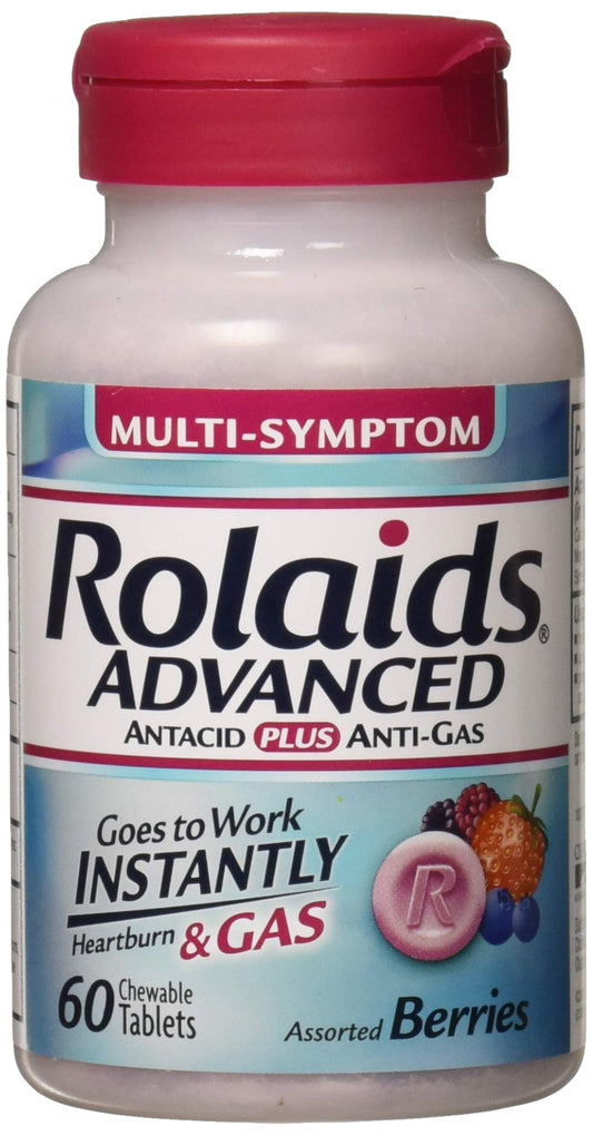 Rolaids Advanced Antacid Mixed Berry bottle front for convenient relief on the go.