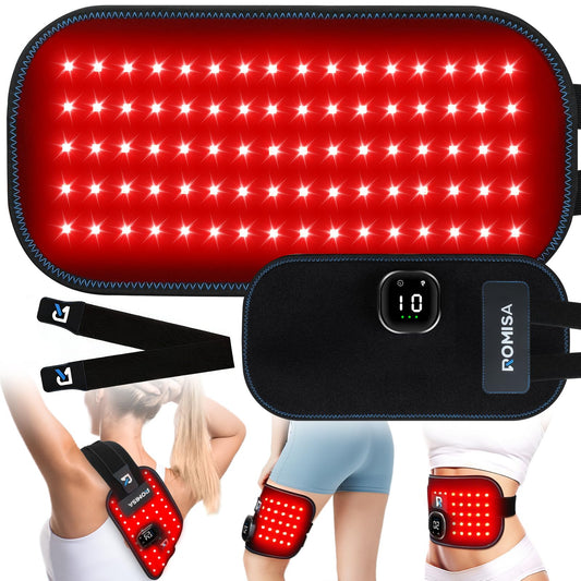 ROMISA red light therapy belt front view for on-the-go relief.