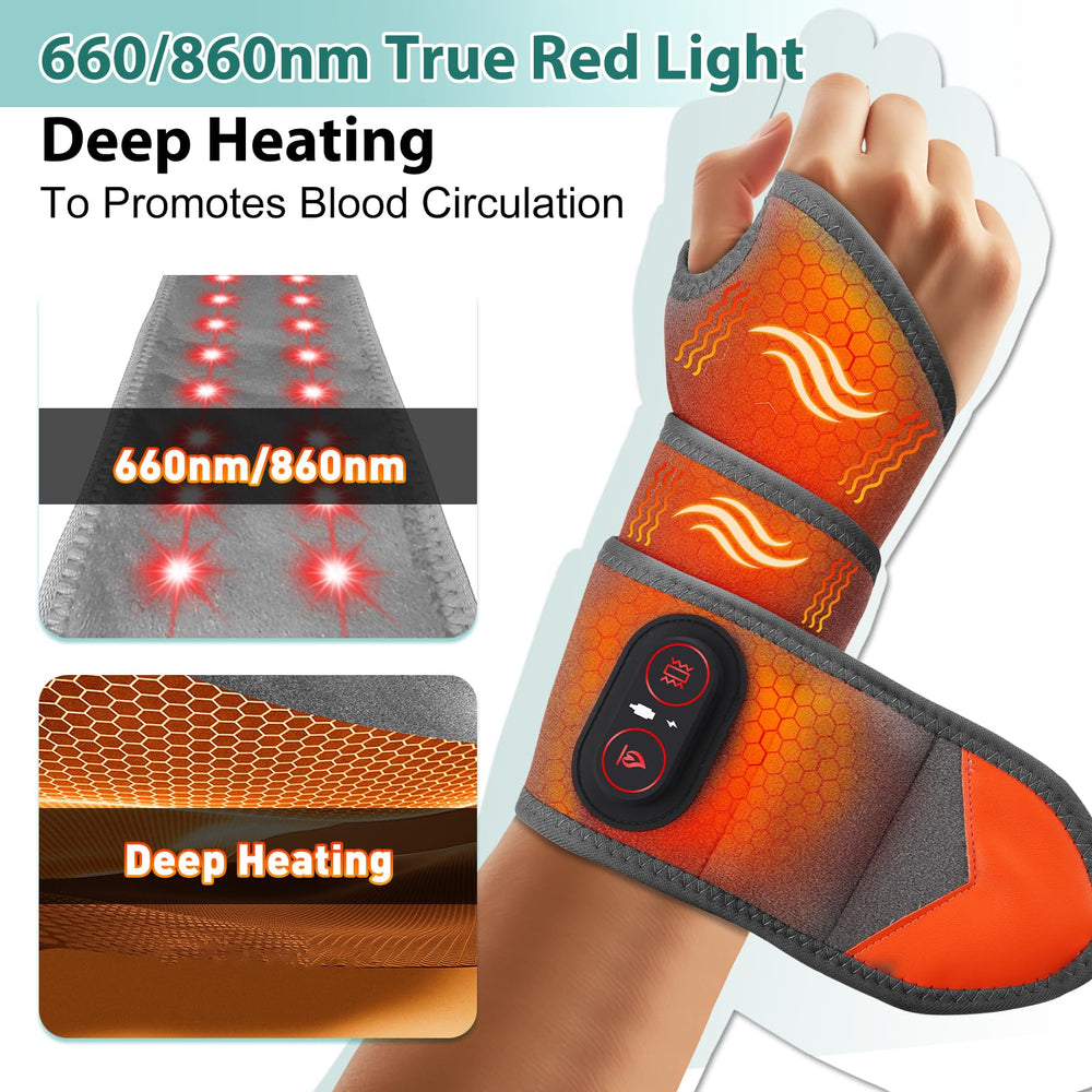 ROMYSE wrist heating pad on right hand illustrating ergonomic fit