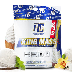 Ronnie Coleman Signature Series King Mass XL tub in vanilla ice cream flavor for high-protein shakes.