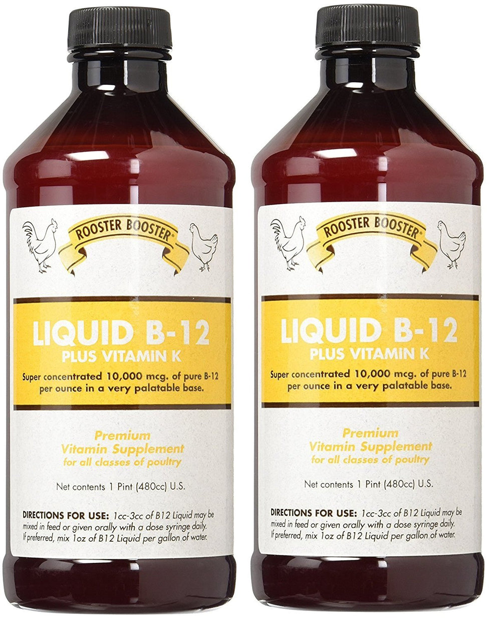 Rooster Booster B-12 Liquid two-pack bottle ready for poultry use and appetite support.
