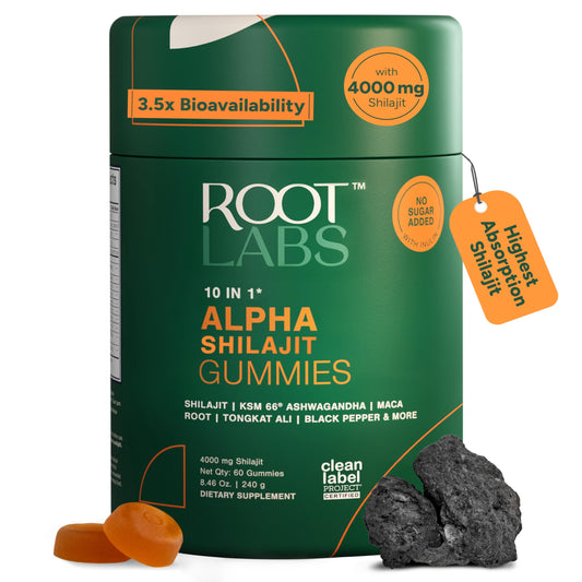 ROOT LABS 10-in-1 Alpha Shilajit Gummies bottle for daily wellness, sugar-free vegan
