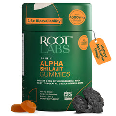 ROOT LABS 10-in-1 Alpha Shilajit Gummies bottle for daily wellness, sugar-free vegan