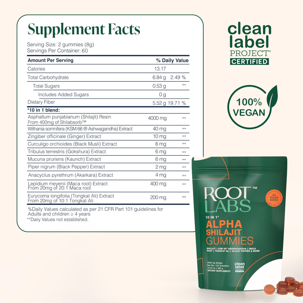 ROOT LABS 10-in-1 Shilajit Gummies Himalayan origin for daily routine on the go.