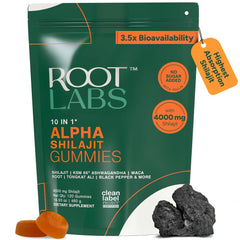 ROOT LABS Alpha Shilajit Gummies bottle showing convenient, sugar-free daily wellness option.