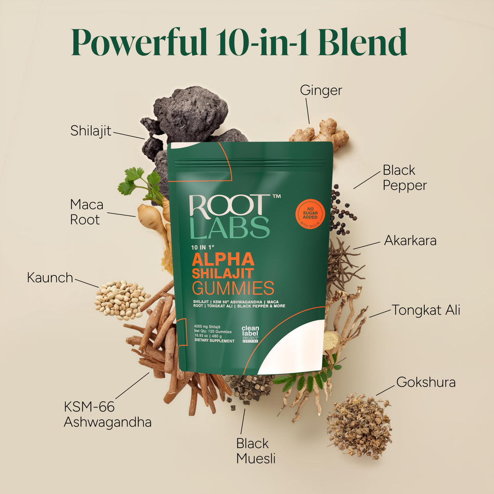 ROOT LABS Alpha Shilajit Gummies ingredient panel highlighting maca and tongkat ali.