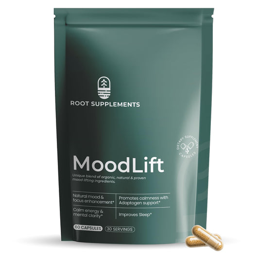 Root Supplements MoodLift bottle front highlights mood support for daily wellness.