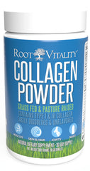 Root Vitality Collagen Peptides Powder bottle shows grass-fed formula for daily beauty support.