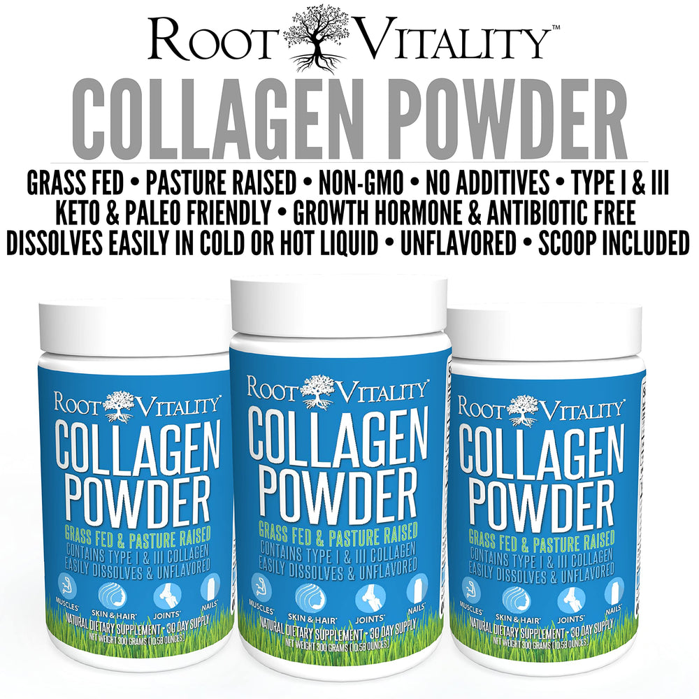 Root Vitality Collagen Peptides Powder measuring scoop emphasizes easy daily dosing.