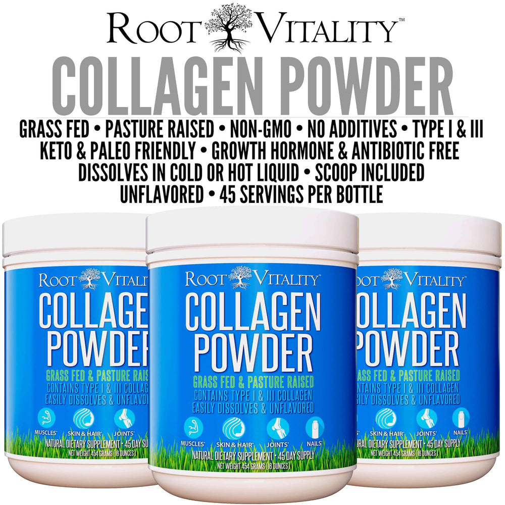 Root Vitality collagen powder being poured into a smoothie.