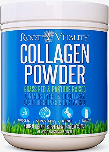 Root Vitality collagen powder tub front with grass-fed label for daily use.