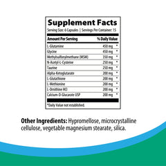 Rootcology Amino Support capsules closeup highlights L-Glutamine, Glycine, and MSM.