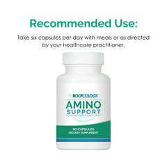 Rootcology Amino Support packaging info communicates clean, allergen-friendly formula.