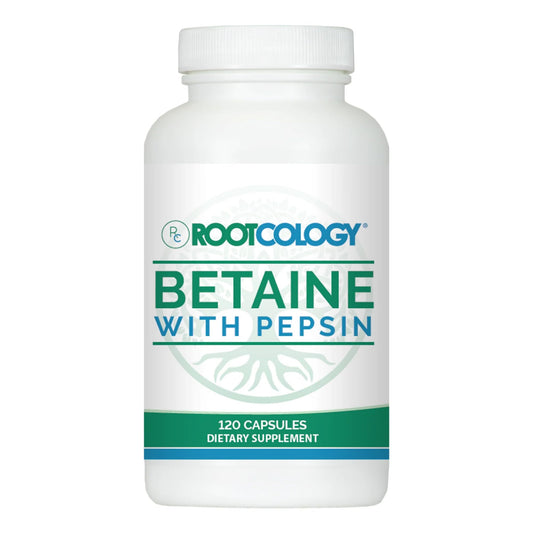Rootcology Betaine with Pepsin bottle demonstrating protein-friendly digestion support