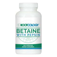 Rootcology Betaine with Pepsin bottle demonstrating protein-friendly digestion support