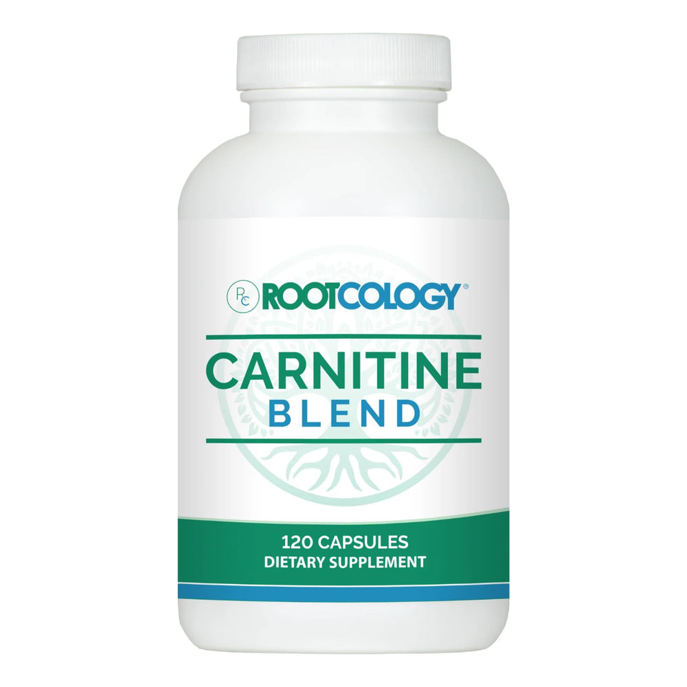 Rootcology Carnitine Blend bottle shown for daily energy and potential performance support