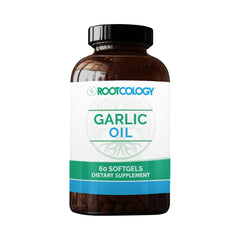 Rootcology Garlic Oil Softgels bottle for daily immune and cardiovascular support.