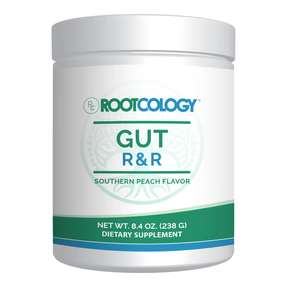 Rootcology Gut R&R Southern Peach bottle, convenient daily digestive support.