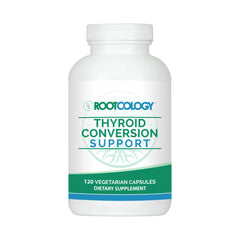 Rootcology thyroid conversion bottle displaying supplement for balanced thyroid support.