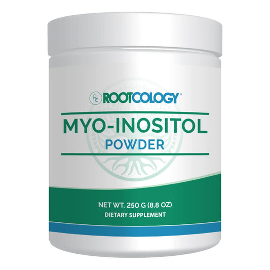 Rootcology Myo-Inositol powder bottle for easy daily use and balance-minded wellness.