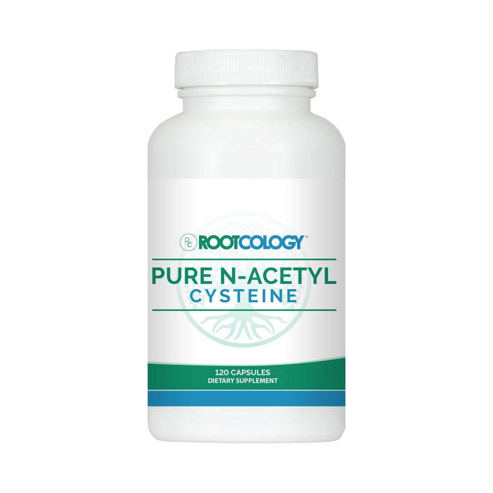 Rootcology NAC capsules bottle for daily antioxidant support and wellness.