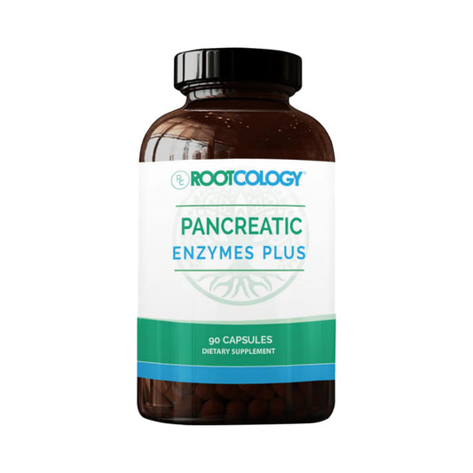Rootcology Pancreatic Enzymes Plus bottle on table supports digestion after meals.