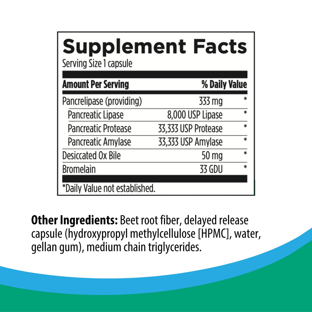 Close-up of Rootcology Pancreatic Enzymes Plus capsules in a blister pack.