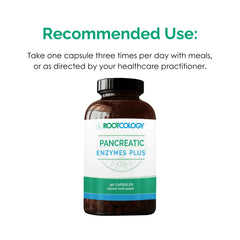 Dairy-free and gluten-free Rootcology Pancreatic Enzymes Plus packaging.