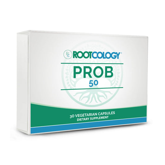 Rootcology ProB 50 bottle front displaying 18 probiotic strains for gut balance.