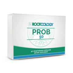 Rootcology ProB 50 bottle front displaying 18 probiotic strains for gut balance.
