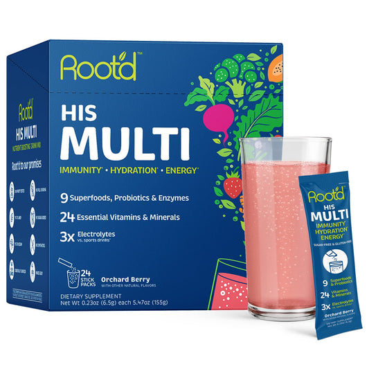 Root'd multivitamin powder bottle on kitchen counter for everyday nutrition