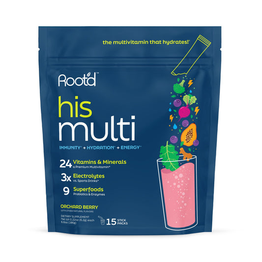 Root'd multivitamin powder tub with 24 vitamins for daily energy support