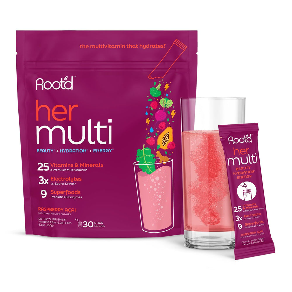 Root'd multivitamin powder in a tub showcasing packaging for daily wellness