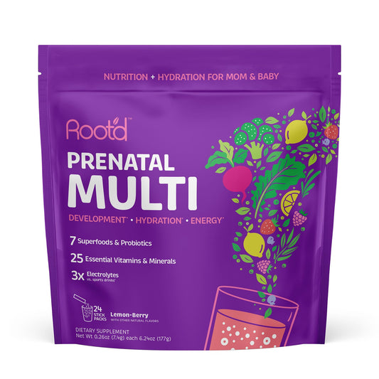 Root'd Prenatal Multivitamin Powder bottle label highlighting essential nutrients for mom and baby