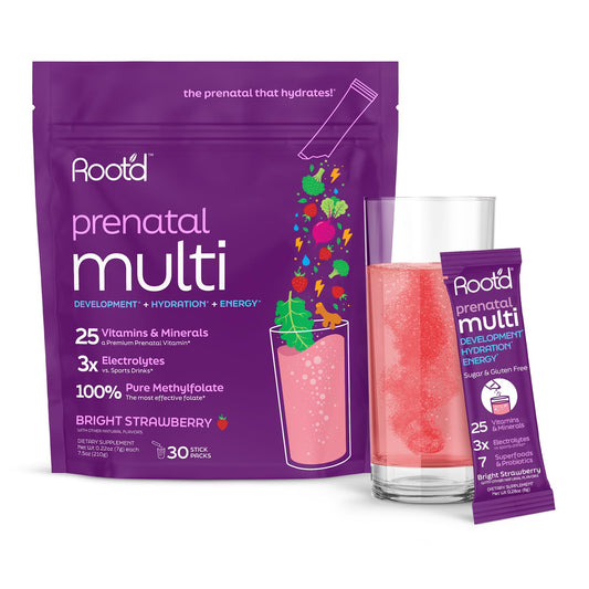 Root'd Prenatal Multivitamin Powder bottle showing comprehensive nutrients for mom and baby