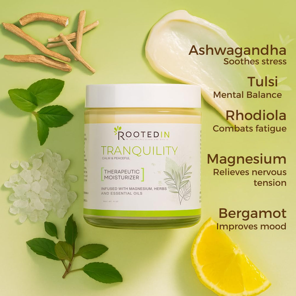 Rooted In magnesium cream smooth texture shown for fast-acting tension relief.