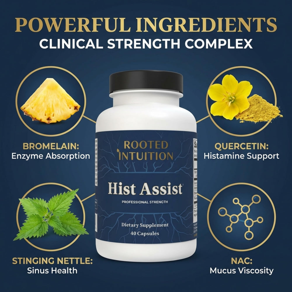 Rooted Intuition Hist Assist bottle back shows ingredients and vegan gluten-free formula