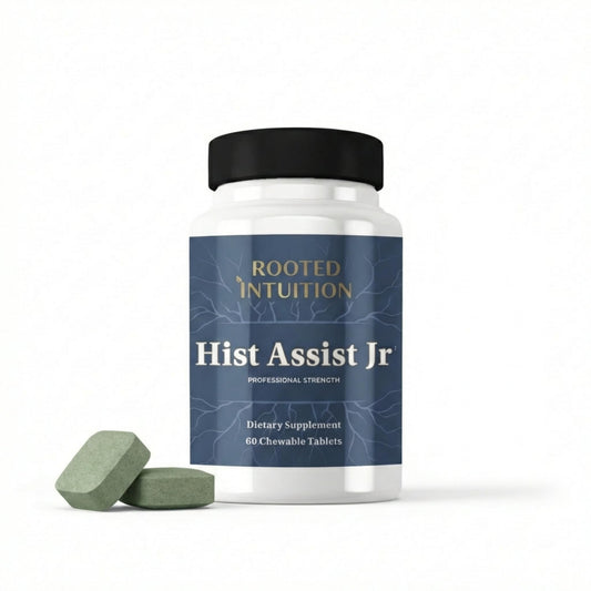 Rooted Intuition Hist Assist Jr bottle with berry chewables for kids' seasonal support.