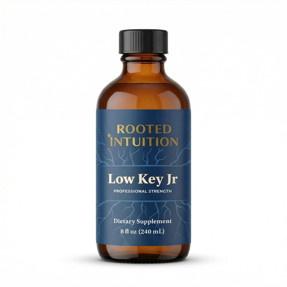 Rooted Intuition Low Key Jr bottle front view highlighting berry mood support
