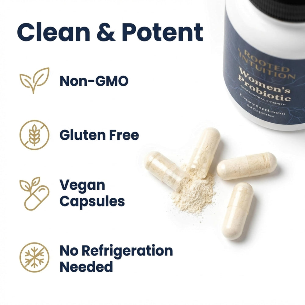 Rooted Intuition probiotic packaging box on a clean surface for display.