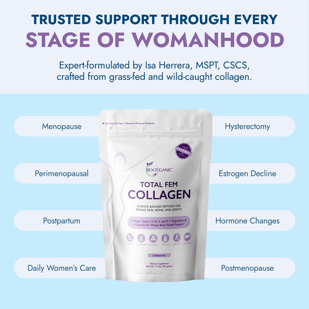 Rootganic Total Fem Collagen powder texture closeup emphasizing pure formula