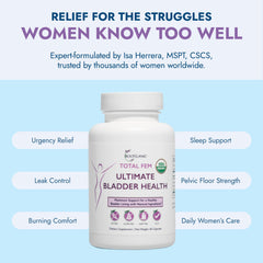 Rootganic Total Fem uva-ursi leaf illustration emphasizes herbal notes for bladder comfort.