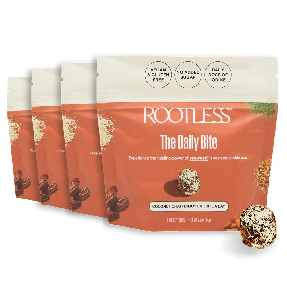 Rootless Seaweed Daily Bites Coconut Chai packaging on shelf for convenient daily ritual