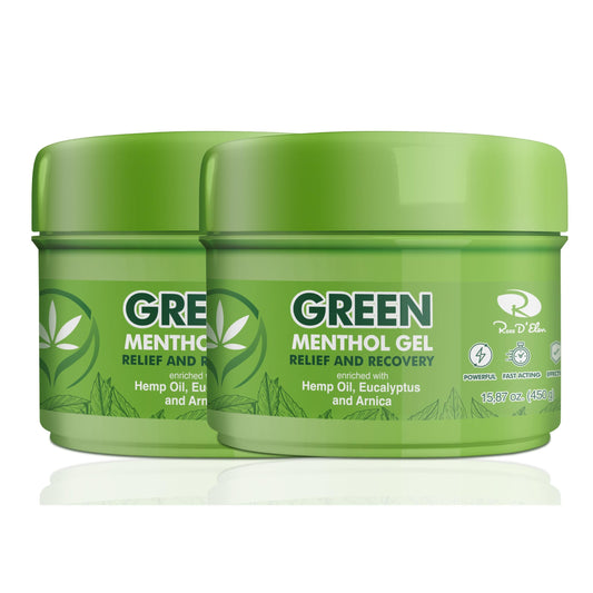 Ross D’Elen green menthol gel 450g bottle front, refreshing daily use sensation.