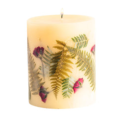 Rosy Rings Frosted Fir bottle with buds enhances winter decor and ambiance